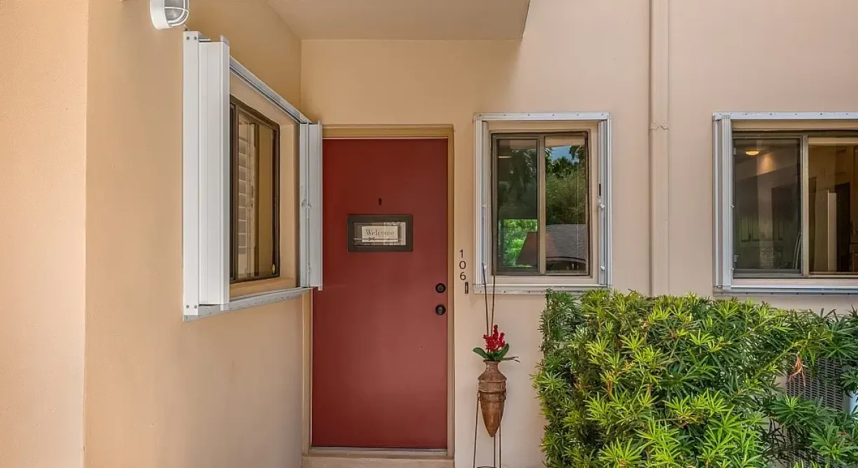 Front entrance of 6165 S Mirror Lake Drive #106 Sebastian, FL 32958.